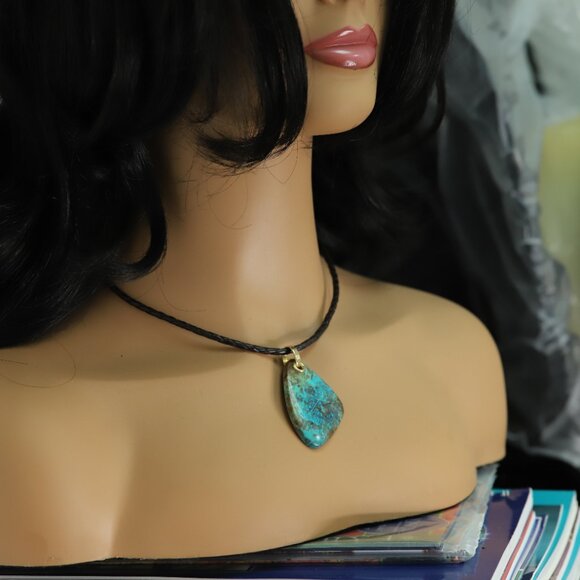 Chrysocolla Natural Stone Necklace 14K Yellow Gold & Leather - Picture 9 of 11